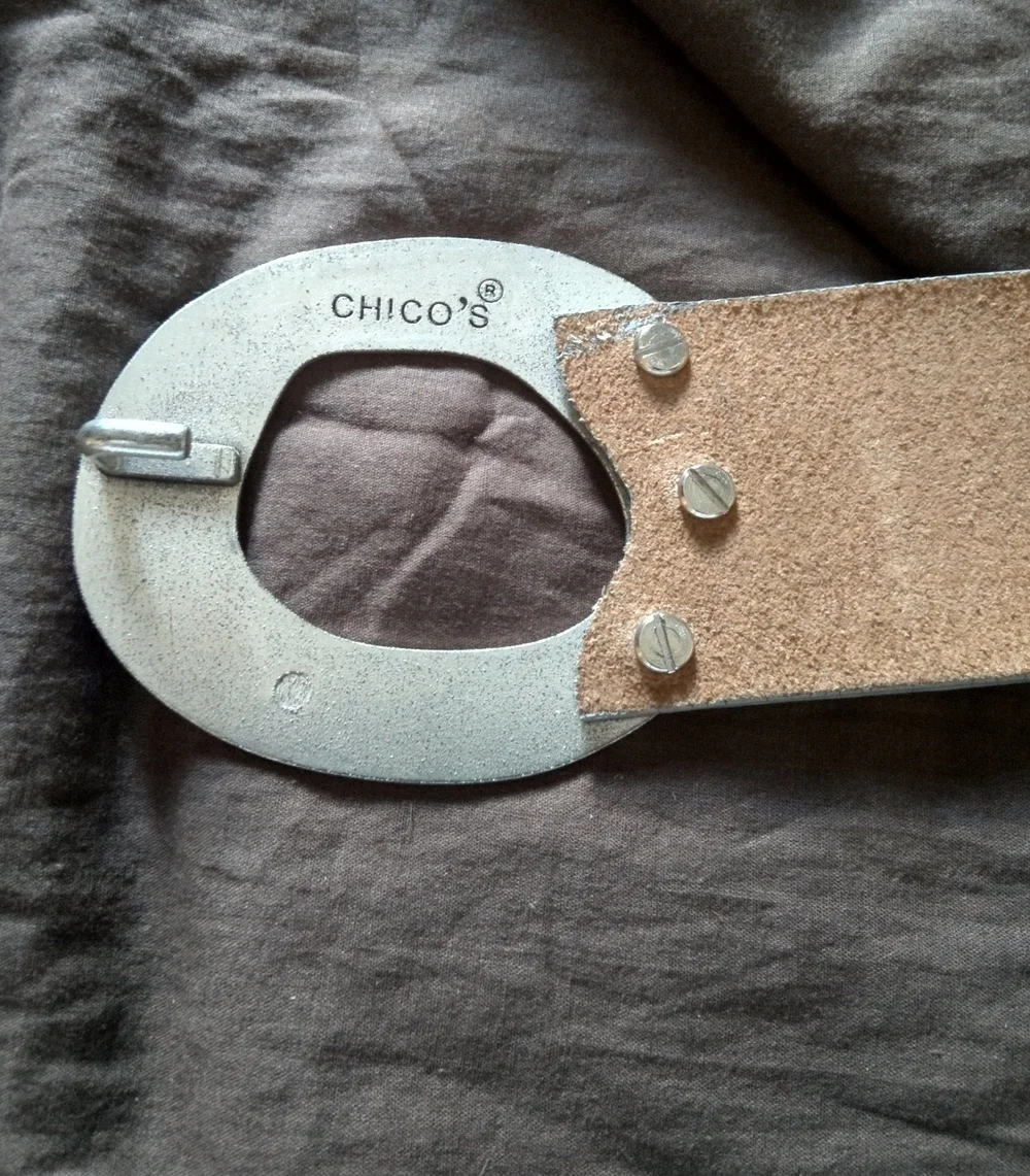 Chico's Wide Silver Belt with Circle Details and Metal Oval Hook Buckle